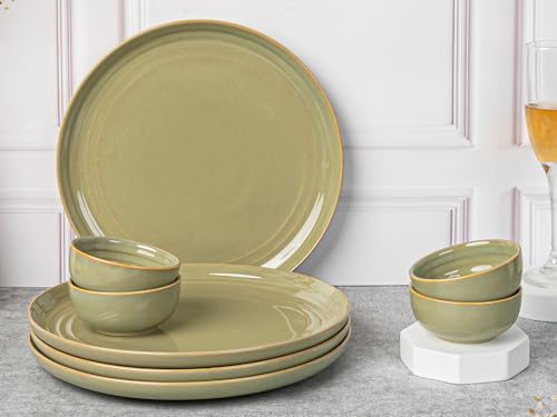 Image of Bodhi House Handcrafted Chip Resistance Porcelain Dinner Set, 8 Pieces Serving for 4, Microwave and Dishwasher Safe, Bone-ash Free, Crockery Set for Dining and Gifting, Olive Green