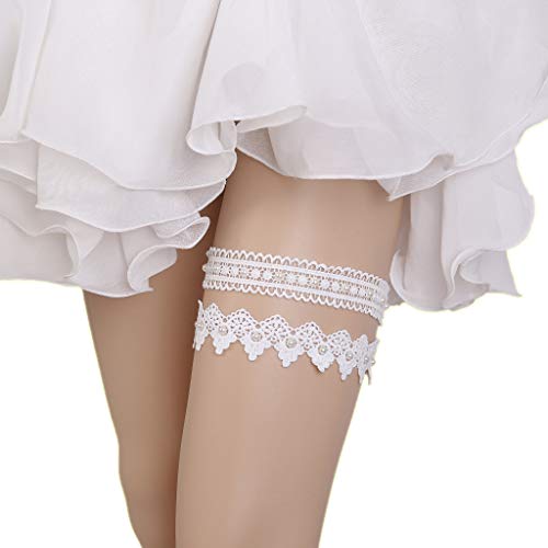 TTVOVO Wedding Bridal Garter for Women Pearl Lace Satin Rhinestone Leg Foot Ring Stretch Prom Garters Set with Toss Away - White