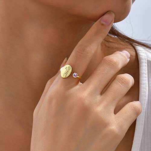 SLOONG Handmade Birth Month Flower Signet Ring 14K Gold Plated Ring Birth Stone Ring Birthday Valentine's Christmas Gift for Mom Daughter Girlfriend Wife3