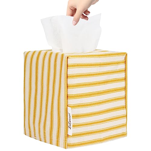 Image of Tissue Box Cover, Fabric Tissue Box Holder Square, Stylish Toilet Paper Storage, Modern Bathroom Counter Organizer Decorations Accessories,Ticking Stripe 5''x5''x5'' (Ginger Yellow)