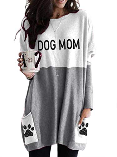 MORCHOY Womens Dog Mom Shirt with Pocket, Casual Dog Mama Tunic Tops for Mothers Day, Color Block Long Sleeve T-Shirt Dress for Women (B-dog,S)