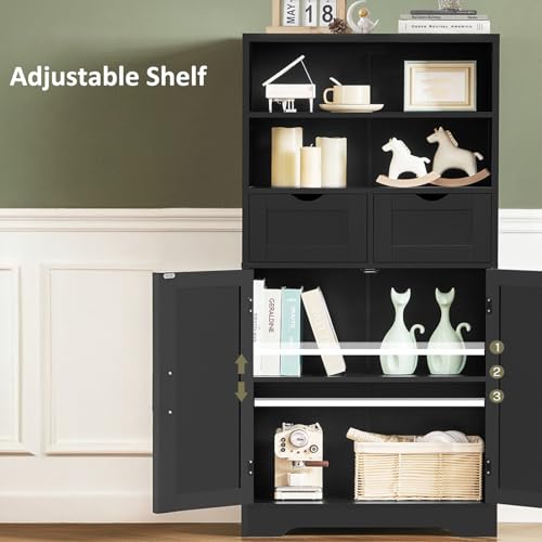 Image of TEENFON Storage Cabinet with Doors & 2 Drawers, Kitchen Cabinet with Adjustable Shelf, Pantry Cabinets, Bathroom Cabinets, for Living Room, Entryway, Home Office, Black