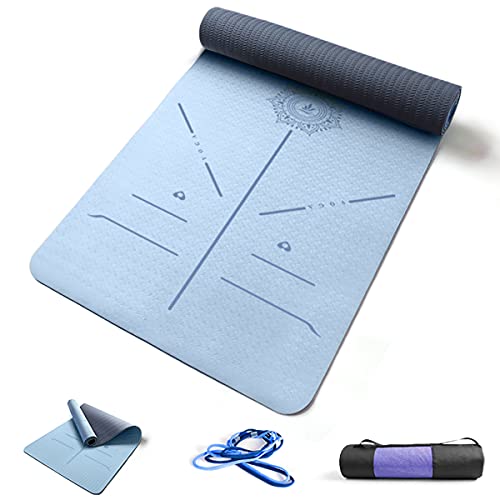 FP-TECH TAPPETINO DA YOGA IMBOTTITO ANTISCIVOLO FITNESS PILATES GINNASTICA IN TPE MAT CON SACCA 183 X 68 X 0.8 CM (Azzurro-Grigio)