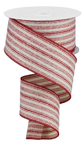 Fuzzy Ticking Stripe on Cotton Wired Edge Ribbon - 10 Yards 2.5 Inch Red, Beige RGA187924