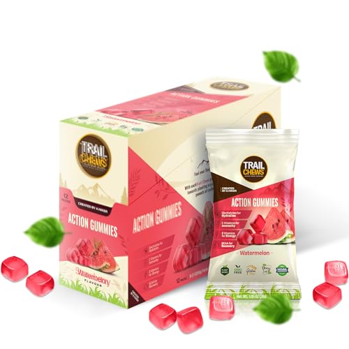 Image of - Watermelon Flavor - 4-in-1 Energy Gummies for Energy, Hydration, Immunity, and Recovery. 50mg Yerba Mate Caffeine, 403mg Essential Vitamins, and 1000mg BCAAs per Serving. Plant-Based & Gluten-Free. 12 Single-Serving Bags, 10 Gummies Each.
