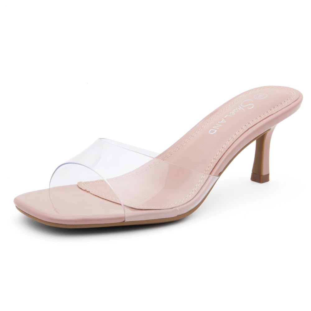 Shoe Land Deverena Women's Low Heels Stiletto Heeled Slides, Open Toe One Band Slip-On Heeled Mules – Dressy Heeled Sandals for Prom, Party, Wedding, and Vacation
