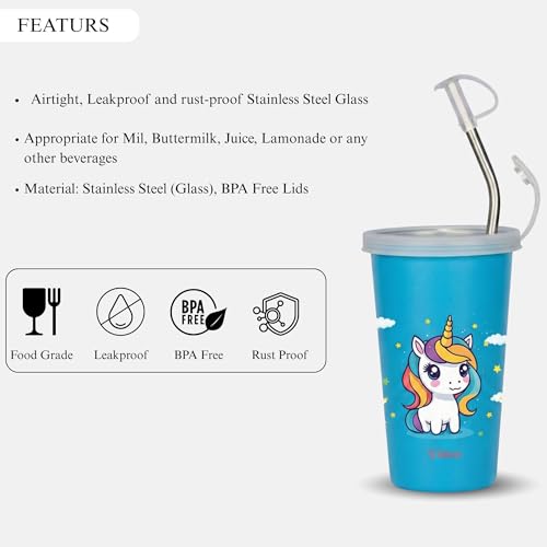 Image of PDDFALCON Stainless Steel Cartoon Print Glass /Tumbler with Steel Straw, Cleaning Brush & Food Grade Cap, 100% Leak Proof. Ideal for Kids. (Unicorn Sky Blue 450ml)