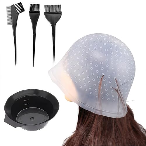 AkNebriax 6pcs Hair Coloring Kit,Hair Coloring Highlighting Cap,Silicone Pull Through Caps Hair Coloring Frosting Cap with Hook, Hair Agitator, Brush, Hair Tinting Bowl.