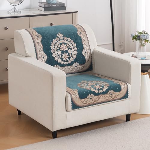 Image of HOKIPO Shahi Teal Premium Chenille Jacquard Sofa Cover for 1 Seater for Seat & Back, 'Royal Aangan Series' (IN-1006-L2*2)