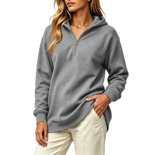 Quarter Zip Pullover Women Hooded Fleece Oversized Hoodies | Long Sleeve, Ribbed Sleeve Cuffs, 1/4 Zipper, Drop Shoulder, Workout, Athletic, Fall, Pullover Hoodie, Light Gray, XL — view 5