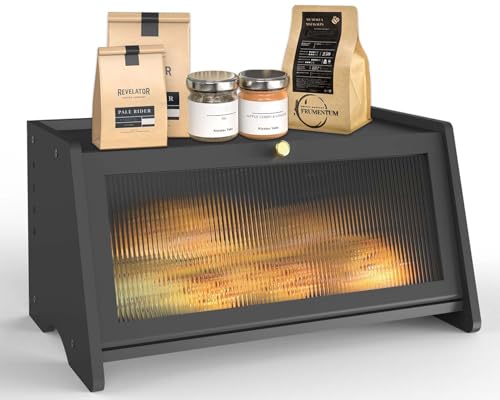 R S Trade Boite a Pain Noir, Boite a Pain Bois, Grande Boite à Pain Moderne pour Stockage Des Aliments avec Fenêtre en Acrylique, 40 X 21 X 20 CM