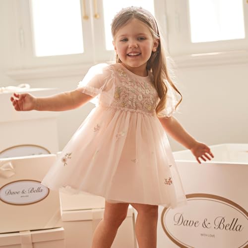 DAVE & BELLA Toddler Baby Girl Tutu Dress, Ruffle Short Sleeve Summer Tulle Dresses Tiered Pleated Floral Princess Sundress2
