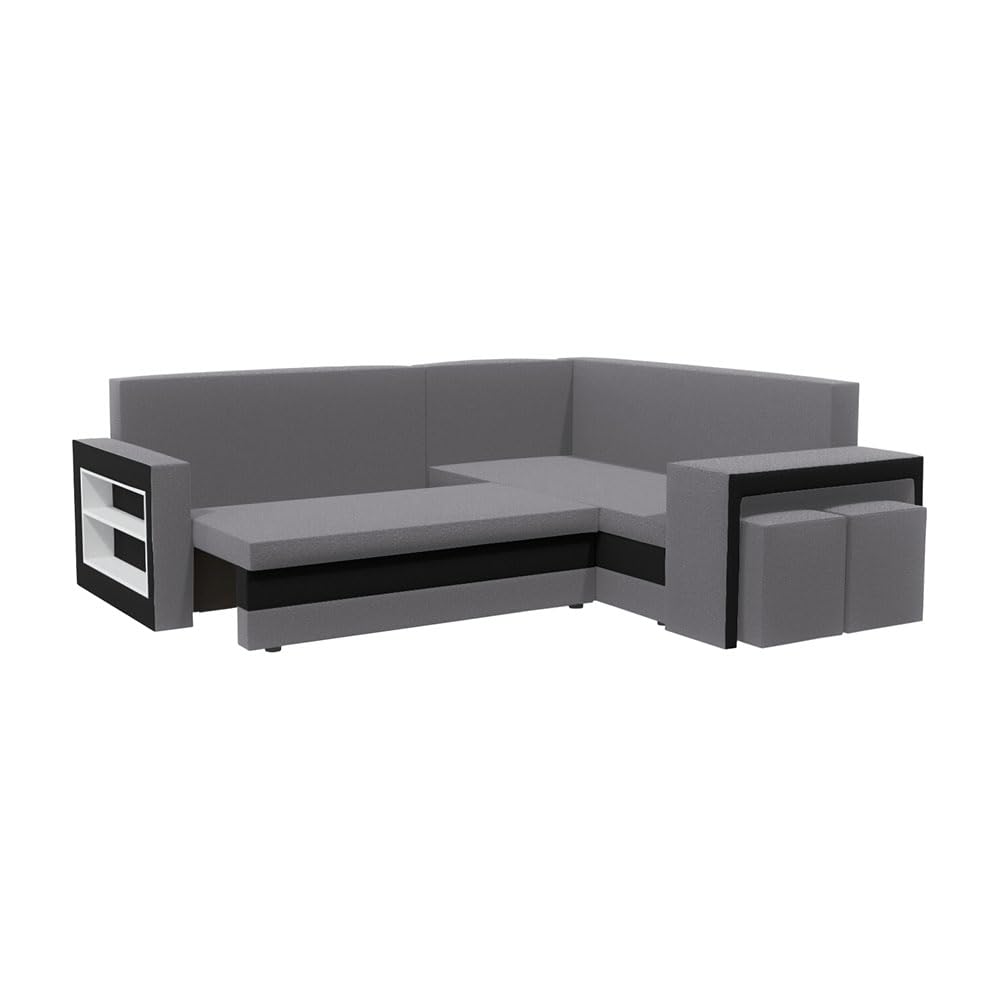 Malabo L Ecksofa mit Schlaffunktion und Bettkasten L-Form 220x202 cm – Sofa mit 2 Hockern, Regal im Seitenteil & Stauraum (Komfort, Grau-Schwarz)