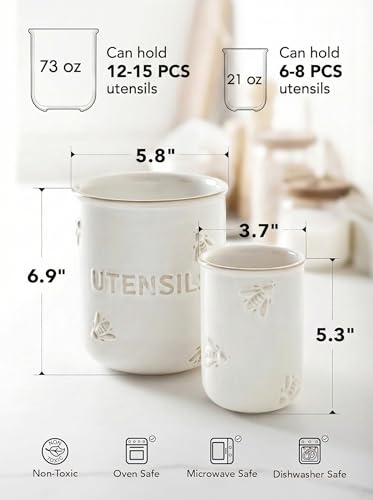 LE-TAUCI-Kitchen-Utensil-Holder-Set-of-2-6953-Large-Ceramic-Cooking-Utensil-Crock-Organizer-for-Spatula-Spoon-Whisk-Farmhouse-Countertop-Storage-Arctic-White-Embossed-Bee