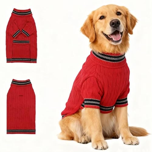 Image of Small /Medium Dog Sweater, Warm Dog Winter Coat w /Sleeves, Comfortable High Neck & Leash Hole, Premium Dog Clothes for Golden Retriever-Best for Holidays, Daily Walks XXL Bright Red