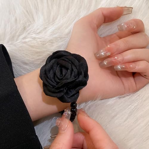 Vintage Imitation Pearl Bracelet with Rose Flower Charm Dainty Pearl Wrist Band Boho Rose Hand Accessories for Women Bridal Wedding Prom Festival4