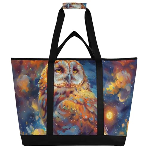 Bolsa térmica aislada de color brillante, diseño de búho en el cielo, plegable, reutilizable, para alimentos
