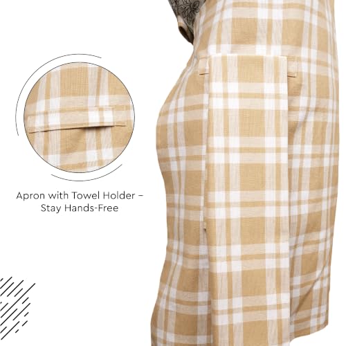 Image of Encasa XO Cotton Cooking kitchen Apron for Women and Men chef apron With adjustable neckstrap, Pocket & Towel Holder for Easy cooking, Baking, BBQ, Gardening- Franca Beige Checks, 68x85 cm