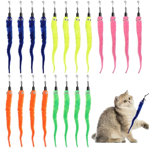 TMZELOA Katzenspielzeug Angel 20 Stück Set – Buntes Katzenspielzeug Wurm mit Glocke Ersatz Anhänger – Interaktives Plüsch Zauberwurm...