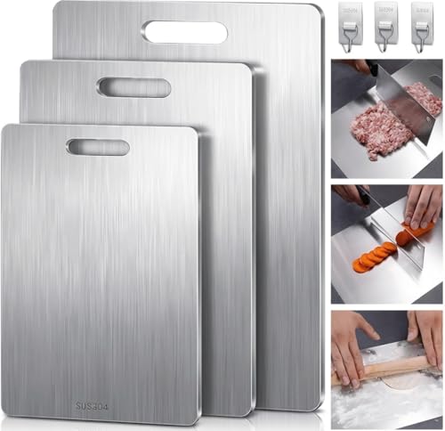 El Mejor Listado de Cocinas integrables Top 5. 42 HONGHCL Tabla para Picar Acero Inoxidable - 3pcs Tablas para Picar Cocina de Antiadherente y Antibacteriana con 3 Ganchos para Hogar