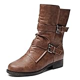 Veittes Women's Cowboy Cowgirl Boots, Calf boots Side zipper Low Heel Mid Calf Fashion Western Boots.(2404012,DB/PU,10 UK) Image