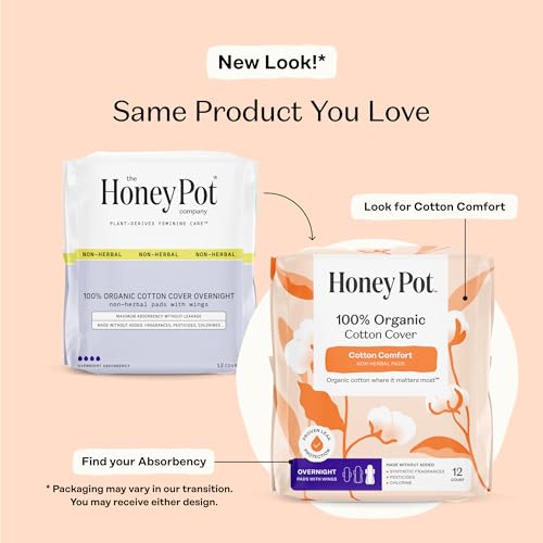 Image of The Honey Pot Company - Sanitary Pads for Women - Non-Herbal Overnight w /Wings - Organic Cotton Cover, & Ultra-Absorbent Pulp Core - Feminine Care - 12 ct