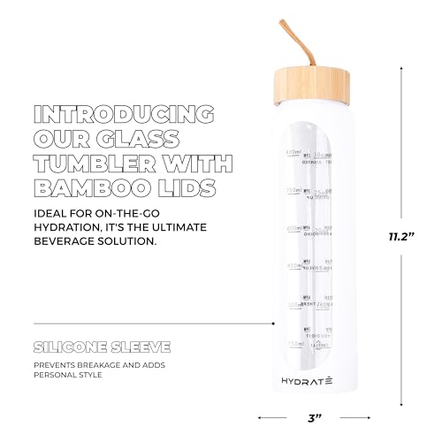Hydrate-32oz-Borosilicate-Glass-Water-Bottle-with-2-Bamboo-Lids-Fruit-Infuser-Motivational-Time-Marker-Refillable-Time-Schedule-Drinking-Bottle-Insulated-Silicone-Sleeve-White-11Hx3Lx3W