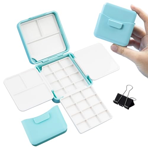 Portable Empty Watercolor Palette, 24 Wells Empty Paint Palette Box Mini Size with 2 Foldable Palettes,Water Container and Metal Clip for Travle