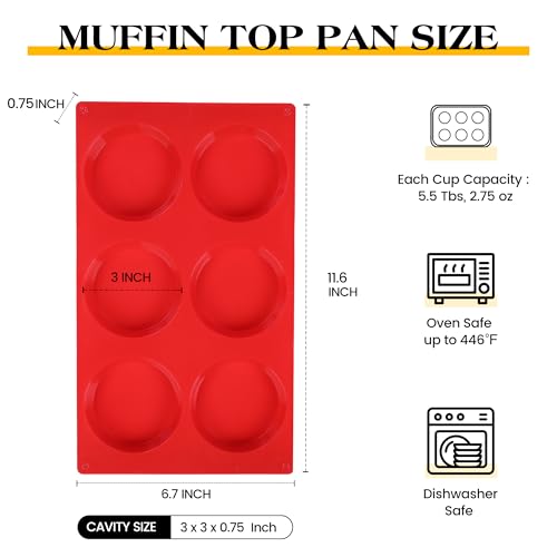 AOTASO 2 Pcs Muffin Top Pans Non Stick Silicone Egg Molds For Breakfast Sandwiches 3 Inch Round Egg Silicone Molds For Baking English Muffins, Whoopie Pies, Corn Bread, Egg Bites, Tarts (Red)