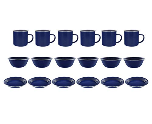 Direct 2 Boater Camping Dinnerware 6-Person Set, 18 Items - 6 ea of 24 oz Mugs, 6\" Bowls & 10\" Plates Metal w/Blue Enamel Finish