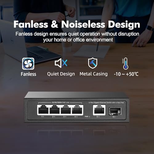 Image of 6 Port Mini Gigabit PoE Switch with 4 PoE+ Port, 1 Gigaibt RJ45 Uplink, 1 Gigabit SFP, IEEE802.3af /at, Max 65W, YuLinca Metal Fanless Plug & Play Ethernet Switch