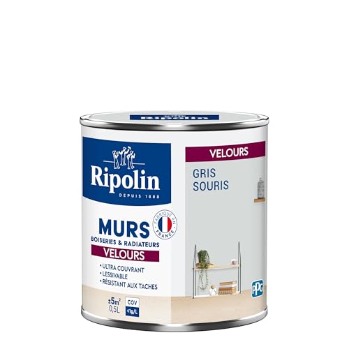 RIPOLIN - Peinture Intérieure Multi-Supports – Murs, Boiseries & Radiateurs – Ultra couvrante - Monocouche - Confort d'application - Aspect Velours - Gris Souris - 0,5L