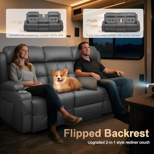 Image of Loveseat Recliner Sofa, Home Theater Seating with Massage, 3 Seat Reclining Loveseats with Flip Backrest, Wall Hugger RV Couch Theater Chairs, RV Furniture Sofas with USB, Cup Holders for Gaming Room