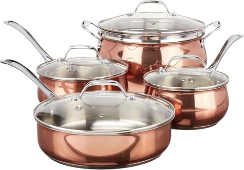 Image of Corbett 8 & 9 Piece Nonstick Aluminum Cookware Set – Ceramic Interior, Soft Grip Handles, Belly Shaped Pots and Pans for Even Heating (Copper, 9 Piece Large)