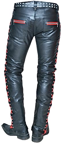 Men's Red Leather Pants Side Laced Up Bikers Jeans Pants | Mens Leather Pants Collection3