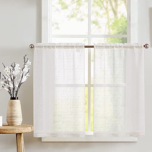 TOPICK Cortina de cristal transparente estilo rústico, cortina bistró con patrón cruzado, cortina de gasa corta para ventana, para cocina, salón, juego de 2 unidades de 115 cm, marfil blanco