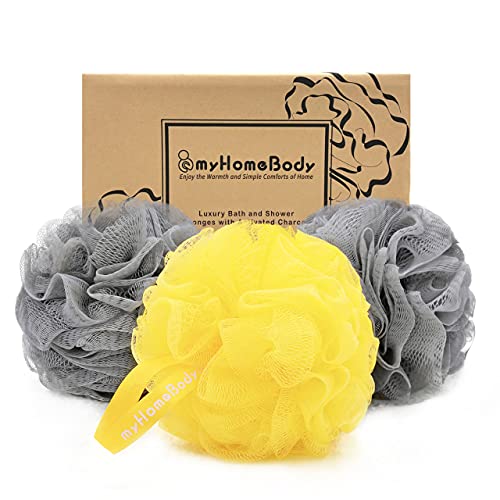 Large 70g Loofah Sponge, Body Scrubber, Bath Sponge, Luxury Loofah for Women, Men | Gentle Exfoliating Sponge - Body Wash Shower Pouf with Activated Charcoal - Lots of Lather for Bath, Shower, 3 Pack