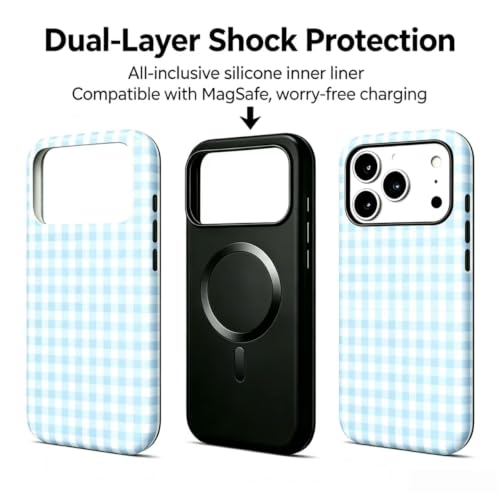 Image of for iPhone 17Pro Case Cute Phone Case,Compatible with MagSafe,Dual Layer Shockproof Protective Phone Cover,Hard Shell + Silicone Cover,Fashion Design for Women Girls,Blue and White Plaid