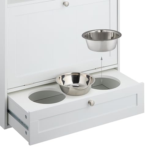 Relaxdays Futterschrank Hund, Schublade mit 2 Fressnäpfen, Kippfach für Tierfuttter, HxBxT: 68 x 60 x 33 cm, MDF, weiß