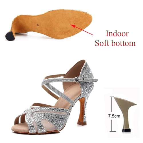 Dancing Shoes for Woman Latin Dance Shoes Adult Ladies Salsa Tango Shoes Trainer Shoes High Heel Sandals(Indoor Silver 7.5cm,42)2