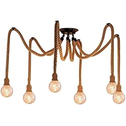 Lampara Cuerda Negra Hotloop Lámpara Colgantes de Cuerda de Cáñamo, 6 Cabezales de Lámpara de Techo Vintage E27 Lámpara Colgante de Madera de Estilo Retro Industrial Lámpara para Restaurante Mesa Bar Comedor Cafetería