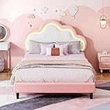 QMTXBYJ Lits Enfant 90x200 avec éclairage LED, Lits Fille Princesse avec tête de Lit réglable en Hauteur en Forme de Nuage, Cadre de Lits Simple avec sommier à Lattes en PU Leder,sans Matelas