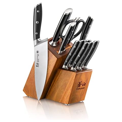 Cangshan Alps Series 1026672 German Steel Forged 12-Piece Knife Block Set, Acacia (Black) Cover