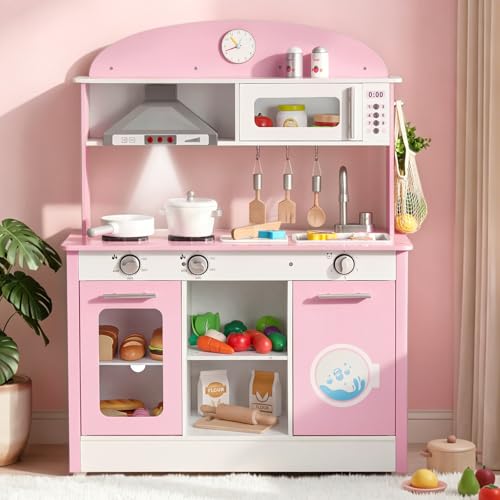 Image of VEVOR Play Kitchen for Kids, Wooden, Kids Kitchen Playset with Real Lights & Sounds, Food & Cookware Accessories, Pretend Play Toy Set, Range Hood, Microwave, for Toddlers, Girls & Boys Ages 3-8, Pink