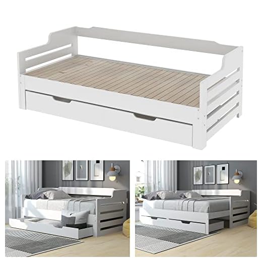 Merax Daybed Frames 3FT Single Bed mit Storage, Pull out Trundle Wooden Bed with Drawer for Children Adults, for Living Room and Bedroom, 90 x190 cm, White