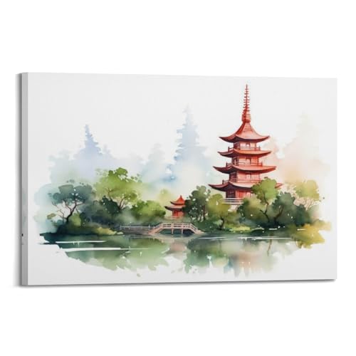 Poster de paysage de pagode et lac WIZIGM toile 40x60 cm encadré