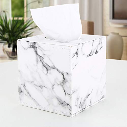 Voicefly Leather Square Roll Tissue Box Holder, Stylish Napkin Holder Pumping Paper Case Dispenser, Facial Tissue Box Cover For Home Office Car Decoration, White Marble #TOP3