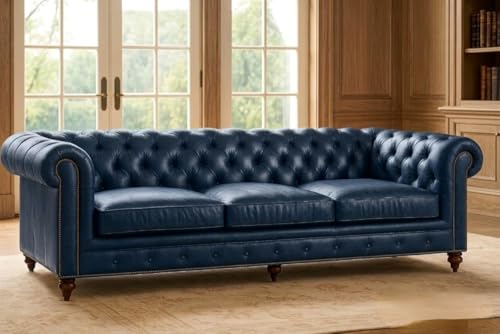 Image of Classic Leatherette Chester Sofa Set Button Tufted, Classic Style Sofa Set 3-Person Sofa for Living Room, Office, and Hallway Colour (Blue Leatherette, 3+2=5 Seater Sofa)