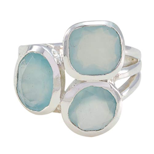 Joyas Plata Natural Gemstone Multi Shape Three Stone Faceted Aqua Chalcedony rings-Sterling Silver Aqua Chalcedony Ring-December Birth Sagittarius Astrology Natural Gemstone Ring SRACHFC-7012-8 us