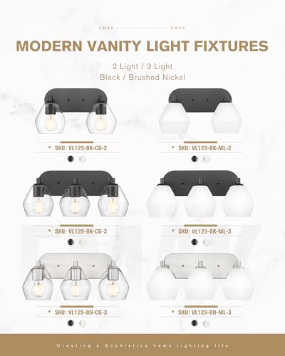 Image of Emak Black Bathroom Lighting Fixtures Over Mirror, Modern Bathroom Vanity Light with Clear Glass Shade, 3-Light Vanity Lights for Mirror, Bath, VL129-BK-ML-3